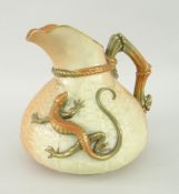 ROYAL WORCESTER BLUSH IVORY JUG basket weave body with applied lizard, twig-type handle, elevated