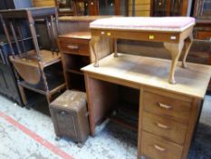 ASSORTED FURNITURE to include small vintage light oak desk, narrow bookcase with drawer, drop down