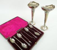 CASED SILVER APOSTLE SPOONS & PAIR OF SILVER (LOADED) VASES