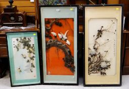 TRIO OF FRAMED & GLAZED ORIENTAL BIRDS created from birds feathers