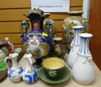 TWO DECORATIVE ORIENTAL VASES together with another pair of Parian-style vases ETC