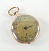 SMALL 9CT YELLOW GOLD PENDANT WATCH having a yellow metal dial bearing Arabic numerals, monogram