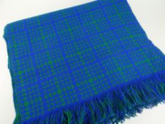TRADITIONAL WELSH WOOL MILLED BLANKET blue ground with green geometric decoration and fringe, 223