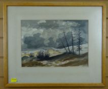 HOWARD SPRIGGS watercolour - fir trees on hillside with cloudy sky, entitled verso 'Pedair Penwydden