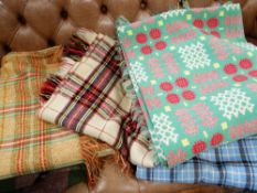 ASSORTED WOOLEN BLANKETS including traditional Welsh milled blanket in green ground with pink and