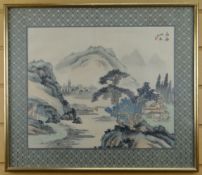 CHINESE SCHOOL painted on linen - river and bridge scene with buildings, signed, 30.5 x 37cms