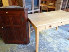 PARCEL OF FURNITURE to include a pine kitchen table with single drawer, narrow oak two-door bookcase