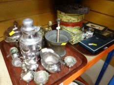 ASSORTED METALWARE including EPNS, brass, vintage tins, carved wooden shelf ETC
