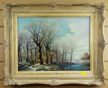 UNKNOWN oil on board - depicting shooting figures in winter woodland landscape with castle in