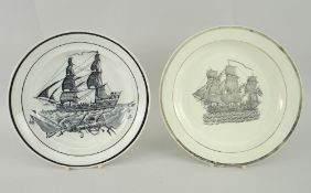 SWANSEA CAMBRIAN POTTERY SHIP PLATE & SIMILAR ENGLISH PEARLWARE PLATE both monochrome transfer