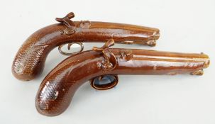 TWO SIMILAR DOULTON & WATTS LAMBETH STONEWARE DUELING PISTOL SPIRIT FLASKS