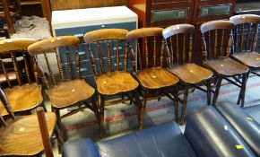 SET OF EIGHT DARK STAINED WOOD SPINDLE BACK KITCHEN CHAIRS