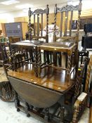 OAK DROP LEAF GATE-LEG BARLEY-TWIST DINING TABLE together with four matching barley twist chairs