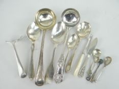MIXED PARCEL OF SCOTTISH & ENGLISH SILVER to include ladles, babies pusher, various spoons, cocktail