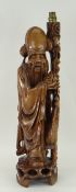 GOOD CARVED BOXWOOD FIGURE OF A CHINESE SCHOLAR standing beside a carved staff with stork and