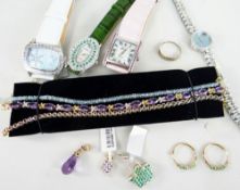 MODERN JEWELLERY BOX CONTAINING VARIOUS 'GEMS TV' LADIES WRISTWATCHES, 9K amethyst and diamond