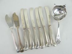 MIXED PARCEL OF SILVER to include set of six silver handled and silver bladed pistol grip butter