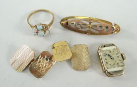 PAIR OF 9CT YELLOW GOLD VINTAGE CUFFLINKS / 9CT SET DRESS RING / 9CT BROOCH ETC 10.4grams