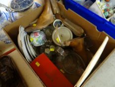 ASSORTED ITEMS including two vintage wooden boot lasts, boxed telefocal lens, cut glass jug ETC