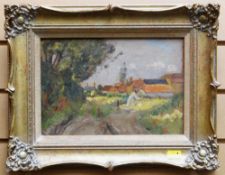 SIR DAVID MURRAY (1849 - 1933) oil on board -. landscape with female figure on track and