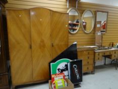 EDWARDIAN LIGHT MAHOGANY VENEER BEDROOM SUITE comprising triple wardrobe, four drawer chest of