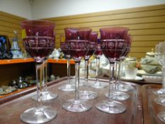 SET OF TEN PURPLE FLASH CUT HOCK WINE GLASSES