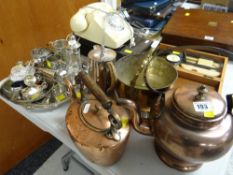 ASSORTED METALWARE including copper kettles, EPNS including candle snuffers, napkin rings ETC