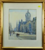 EARLY 20TH CENTURY BRITISH SCHOOL watercolour - busy street scene, initialled H.O.M, dated 1919,