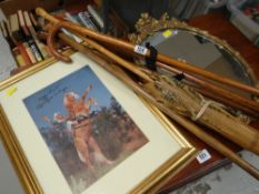 ASSORTMENT OF WOODEN WALKING STICKS, parasol, framed photograph of Roy Rogers and Trigger, small
