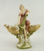 ROYAL DUX PORCELAIN MAIDEN & SHELL FLOWER BOWL with two sections and centre figure, 34cms high (A/