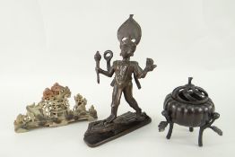 FOUR SUNDRY ORIENTAL ORNAMENTS comprising bronze Chinese pumpkin-form censer, bronze figures,