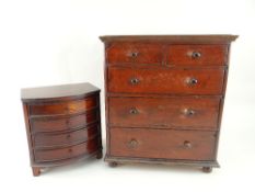 MINIATURE TABLE TOP CHEST OF THREE LONG & TWO SHORT DRAWERS, together with a later bow-front chest