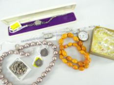 ASSORTED JEWELLERY & WATCHES including three ladies cocktail watches, fob watch, amber coloured bea