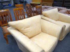 ASSORTED CHAIRS including carver and high back, pair of yellow patterned upholstered arm-chairs