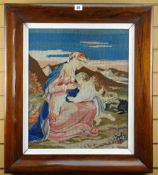 ANTIQUE BERLIN-WORK BIBLICAL PANEL OF TWO FIGURES in a rosewood frame, 68 x 60cms
