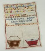 UNFRAMED COLOURFUL CHILD'S SAMPLER incomplete but with alphabet and numbers and 'Priscilla M Cainey,