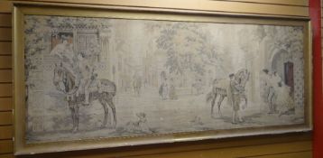 LARGE FRAMED TAPESTRY WALL HANGING depicting a Spanish or Latin American town scene with numerous