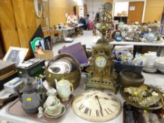 ASSORTED ITEMS to include substantial brass decorative mantel clock, brass preserve pot, china ETC