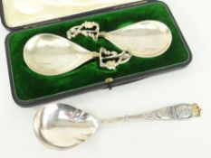 PAIR OF CASED SILVER 16TH CENTURY STYLE SPOONS with teardrop shaped bowls engraved 1578, beneath