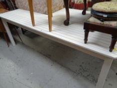 LARGE WHITE PAINTED SLATTED PATIO TABLE, 204 x 99cms