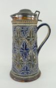DOULTON LAMBETH STONEWARE FLAGON with plated lid, impressed marks to base and initials FEL (possi