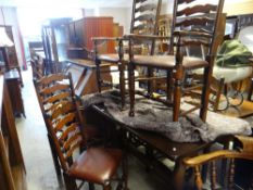 REFECTORY TABLE WITH SET OF 4+2 LADDER BACK CHAIRS having studded brown leather seats, comprising