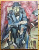 CONTINENTAL CUBIST SCHOOL oil on canvas - portrait of bearded gent in suit by desk, signed with