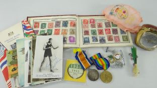 ASSORTED SMALL COLLECTABLES including pair of WWII campaign medals to Gnr T Beesley, small stamp