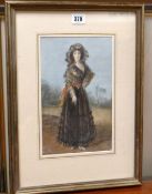 SPANISH SCHOOL watercolour - full standing portrait of a lady in traditional dress, indistinctly