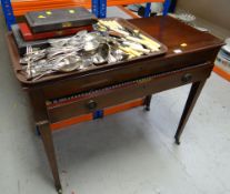 GOOD MAHOGANY REPRODUCTION TWO-DRAWER CUTLERY CABINET on raised legs and with castors together