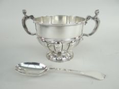 CASED SILVER CHRISTENING SET OF BOWL & SPOON the footed bowl with fluted body and twin caryatid