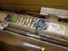 VINTAGE BOXED FISHING RODS, FLIES & FLOATS, together with a Comet Olympic fishing reel