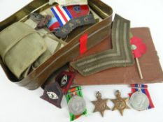 WWII MEDAL TRIO AWARDED TO D. WEEDON together with assorted paperwork in tin