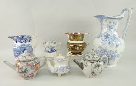 SEVEN ITEMS OF ANTIQUE POTTERY / PORCELAIN including possibly Ynysmeudwy blue and white jug,